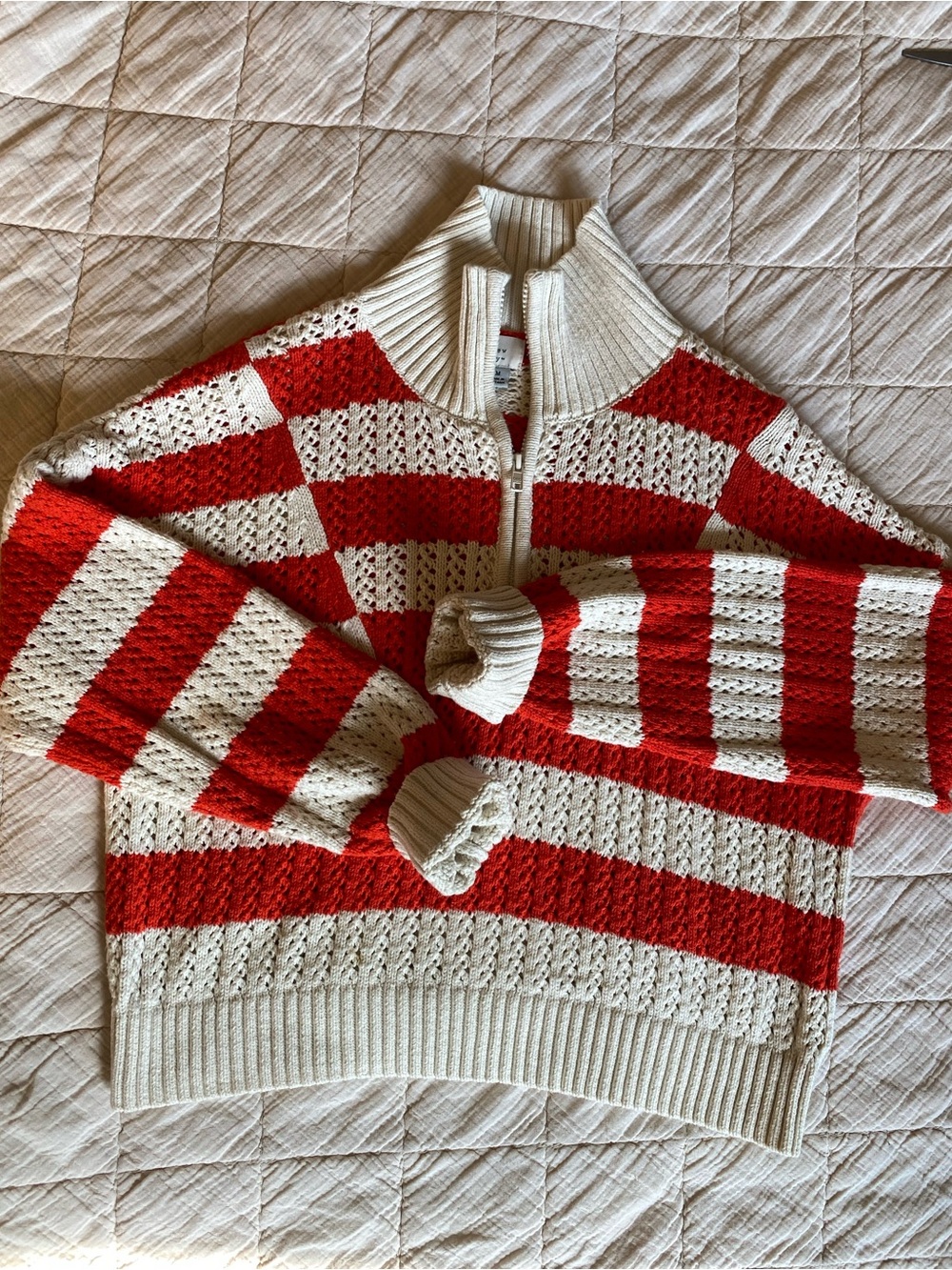 a new day Red and Cream Striped Half-Zip Turtleneck Sweater